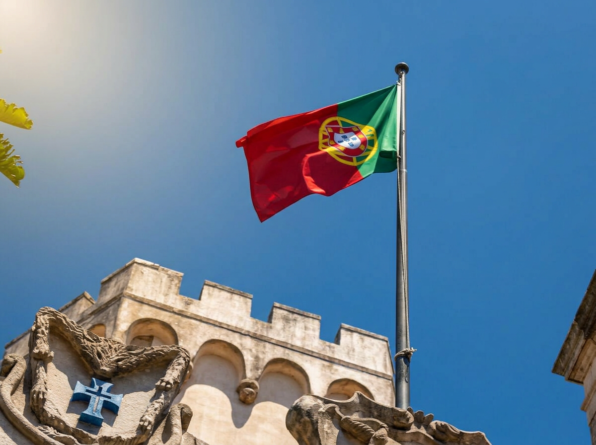 Portuguese flag flying over a historic castle — symbol of the article 91-B residency framework